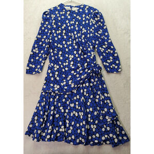 Liz Roberts Wrap Dress Womens Medium Blue Floral Lined Twisted Waist Side Zipper